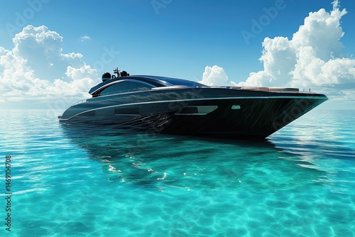 Black yacht floats, tranquil turquoise water, sunny sky.