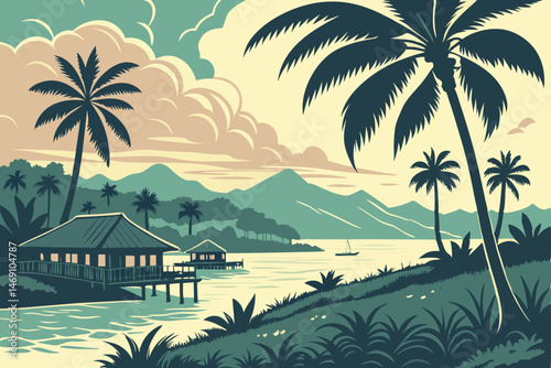 37 lush tropical coastline, tranquil lagoon, overwater bungalows, palm trees, dramatic cloudy sky, vibrant sunset colors, detailed architectural structures, serene calm waters, mysterious jungle silho