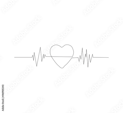 Continuous line drawing of heart with heartbeat. Pulse trace. Cardiogram icon. One line drawing. Vector illustration.