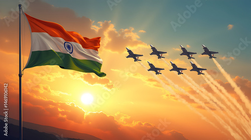 Indian Air Force Day, Spectacular Jet Air Shows at Sunset Transparent Indian Flag Tribute, India Vs Pakistan, War, Attack, Battle, Independent Day, Republic Day, Army Warrior Gun 
