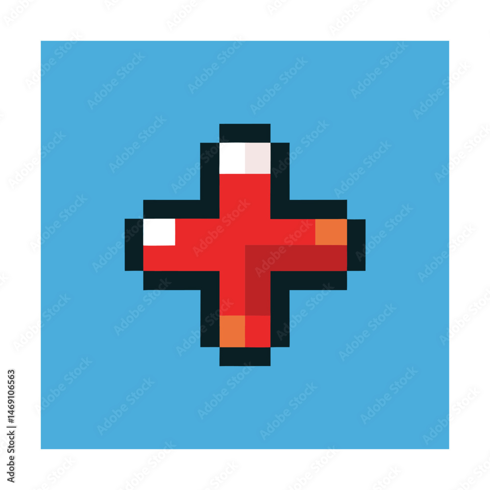 Fototapeta premium Pixel art red cross symbol on blue background representing medical aid and assistance