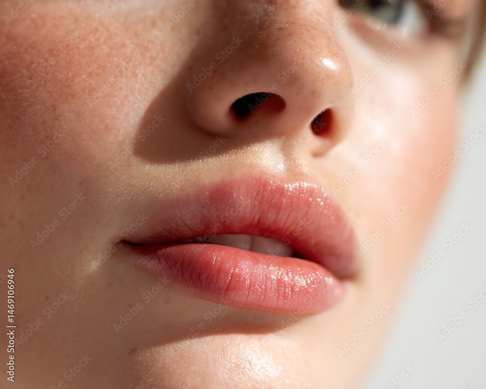 Fototapeta premium Close-up of lips of a fair-skinned woman with sensitive skin, no make-up, natural light, communicating skin health and sincerity.