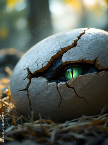 Dragon eye emerging from egg in forest