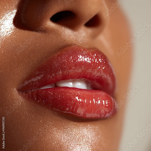 Close-up of black woman's lips with shiny lip gloss, soft reflection, suitable for promoting beauty products.