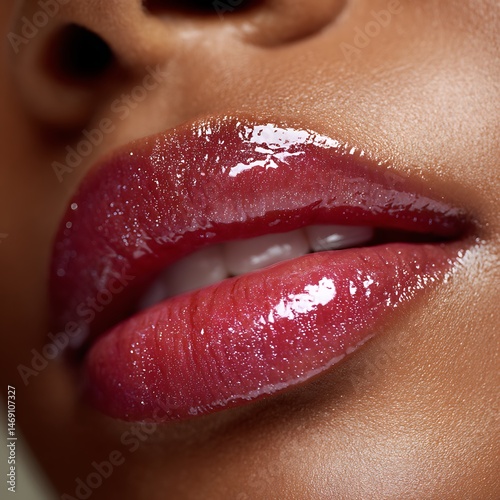 Close-up of black woman's lips with shiny lip gloss, soft reflection, suitable for promoting beauty products.