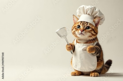 kitten in a chef's hat with a ladle in its paw on a light background with space for text