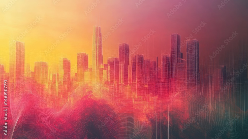Fototapeta premium Abstract cityscape illustration with warm color palette and geometric elements