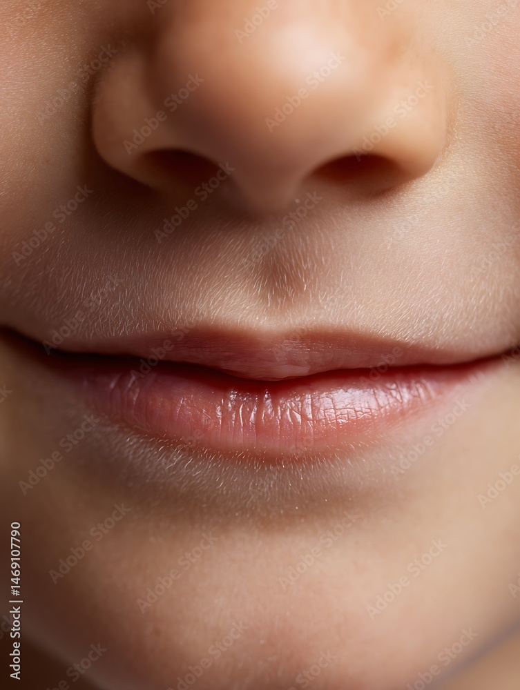 Obraz premium Macro of lips of a 5 year old tanned boy, smiling slightly, natural light, white background, conveying innocence, freshness.