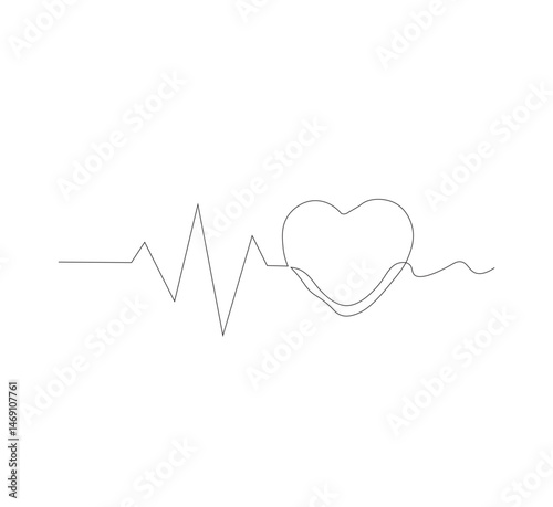 Continuous line drawing of heart with heartbeat. Pulse trace. Cardiogram icon. One line drawing. Vector illustration.