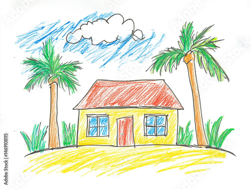 Child's drawing, Crayon drawing, House.