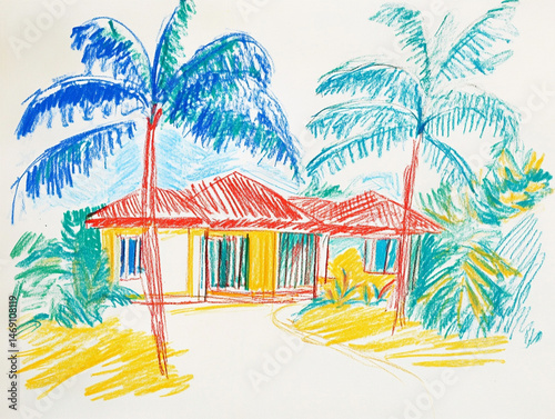 Child's drawing, Crayon drawing, House.