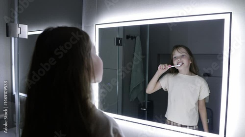 A little girl brushes her teeth before going to bed in front of the bathroom mirror