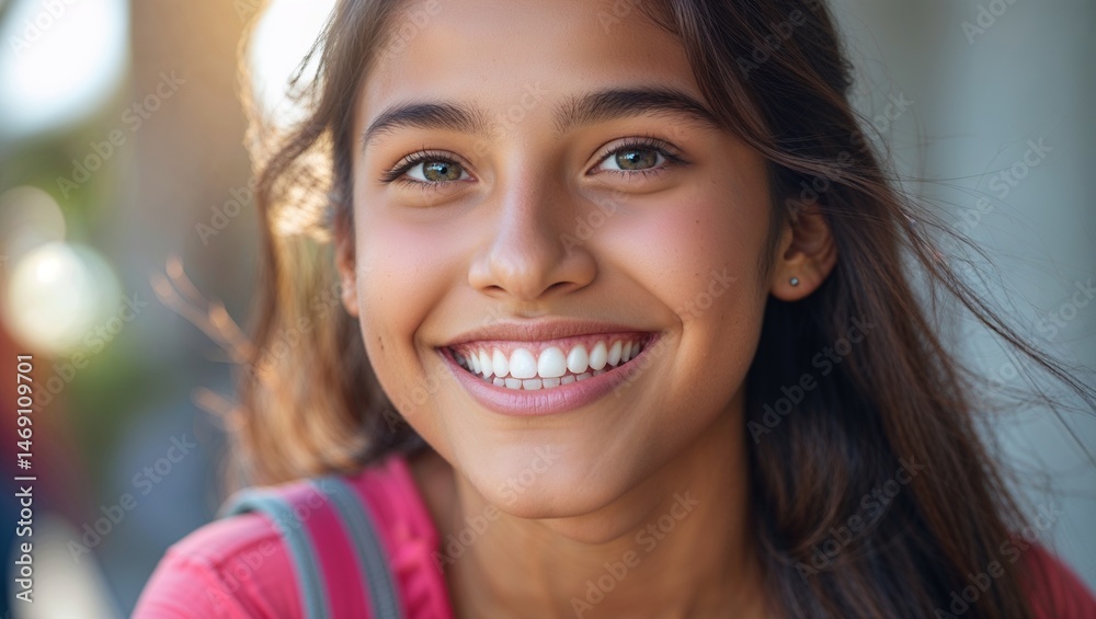 Fototapeta premium Happy Girl with Teeth - Smiling Girl with Teeth Close - Up Portrait