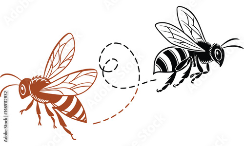 Flying Bees Illustration with Dashed Path in Black and Brown