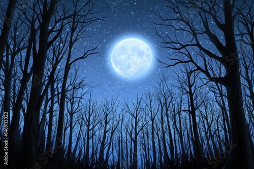 Silhouetted trees under a full moon at night