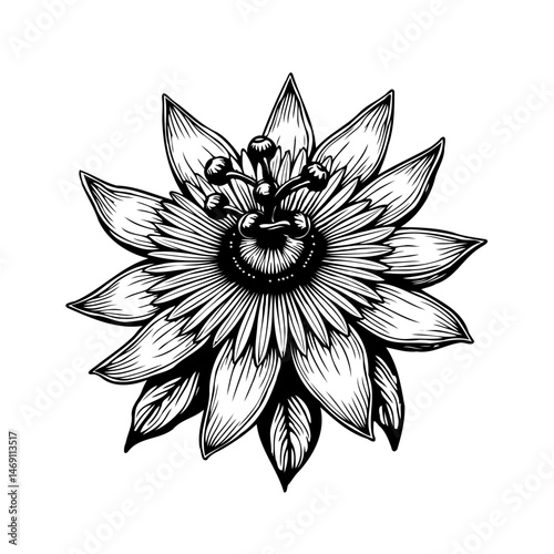 Botanical illustration: Detailed passionflower drawing with elegant lines and shading