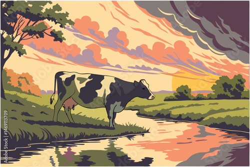 Obraz na płótnie 41 cow, holstein cow, cow standing in water, sunset, colorful sunset, reflection