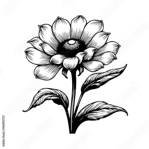 Detailed botanical illustration featuring a blossoming flower with layered petals