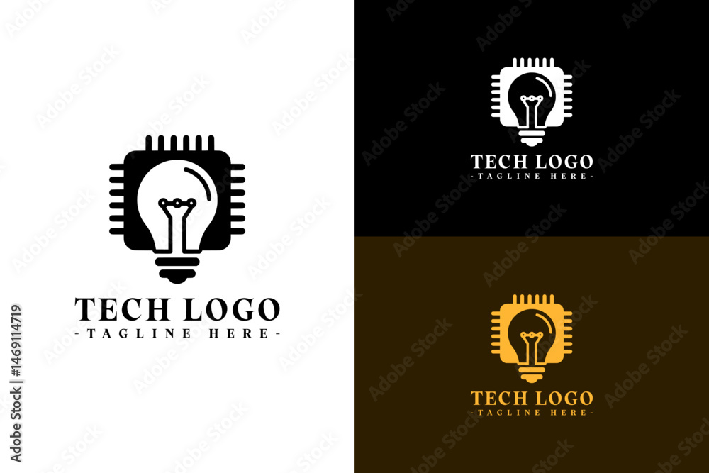 Fototapeta premium glowing bulb with microchip design illustration, vector, logo for processor, cloud computing, machine learning, artificial intelligence, database, data analyst, database, tech, and more