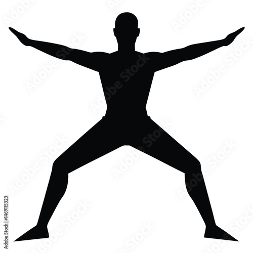 Bald man's silhouette shows full body pose with arms wide and legs spread