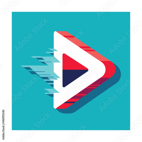 Modern play button icon with speed lines on a vibrant turquoise background