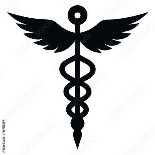 Black caduceus symbol features two snakes entwined around a staff and wings in silhouette