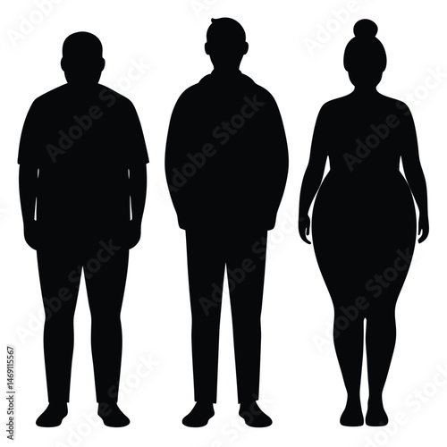Black silhouettes depict a diverse group of overweight individuals standing together on a white background
