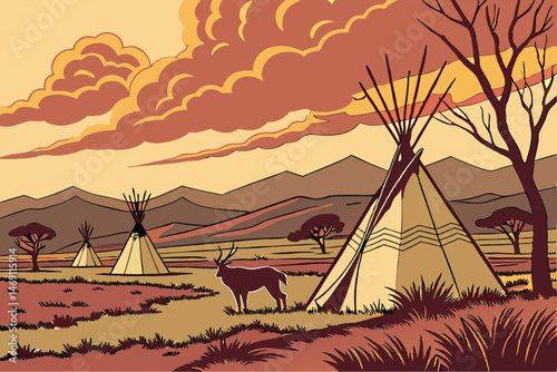 42 detailed digital painting of a rural landscape with teepees in the foreground under a dramatic sky, deer in the foreground, sunset, warm colors, photorealistic, 8k, highly detailed, cinematic, epic