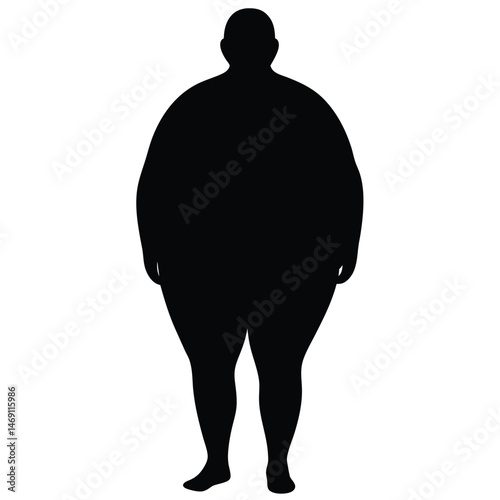 Full body silhouette depicts an overweight man standing barefoot against a white background
