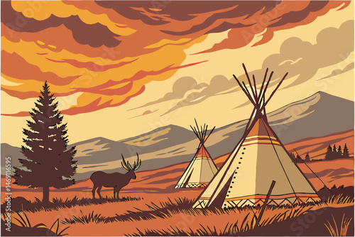 42 detailed digital painting of a rural landscape with teepees in the foreground under a dramatic sky, deer in the foreground, sunset, warm colors, photorealistic, 8k, highly detailed, cinematic, epic