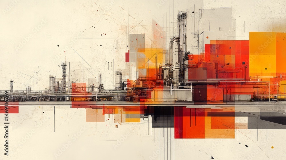 Fototapeta premium Abstract industrial cityscape, rendered in vibrant color blocks.