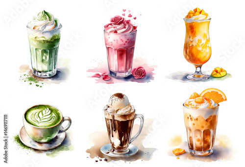 set of smoothies collection, green tea mocha, strawberry smoothie, mango smoothie, ice chocolate or coffee smoothie, watercolor drawing isolated on white background