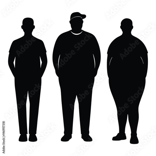 Silhouette depicts three men of varying builds standing with their hands casually in pockets