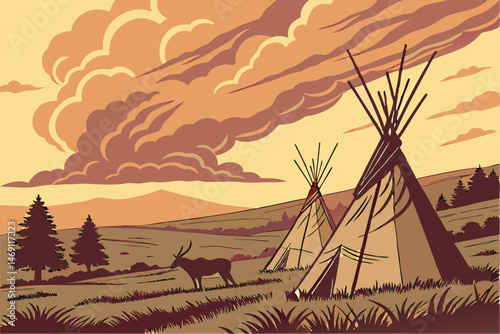 42 detailed digital painting of a rural landscape with teepees in the foreground under a dramatic sky, deer in the foreground, sunset, warm colors, photorealistic, 8k, highly detailed, cinematic, epic