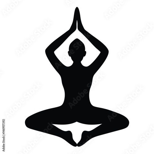 Silhouette figure meditates in lotus position with hands together above head on white