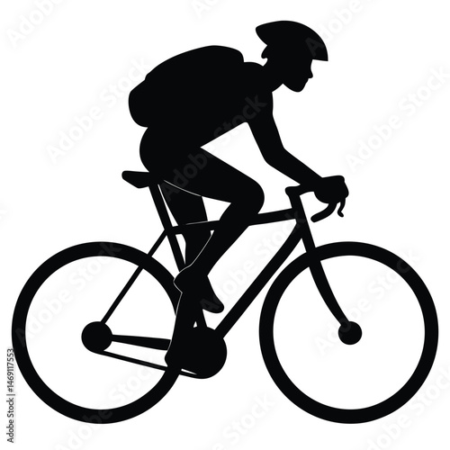 Silhouette of a cyclist with helmet riding a bicycle with backpack on white backdrop