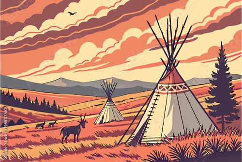 42 detailed digital painting of a rural landscape with teepees in the foreground under a dramatic sky, deer in the foreground, sunset, warm colors, photorealistic, 8k, highly detailed, cinematic, epic