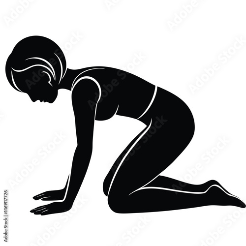 Silhouette of a slender girl poses on knees, bending forward in simple form