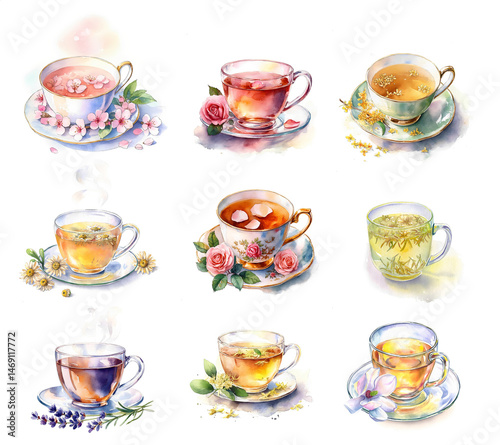cup of flower tea collection, watercolor drawing, isolated on white background, beautiful hot drink elements for menu and graphic design