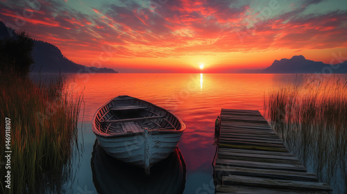 Wooden boat anchored by small dock at sunset with vibrant orange sky reflecting on tranquil lake surrounded by mountains, serene nature retreat concept