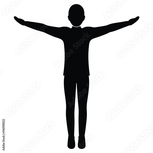 Silhouette of an individual with arms outstretched exhibits a straightforward, minimalist aesthetic representation