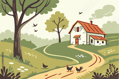 43 farmhouse, chickens, farm, rural, sunny day, dirt road, trees, nature, vibrant colors, realistic