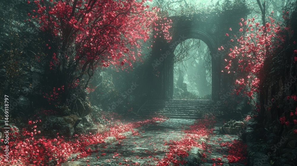A forest with a red archway and a path leading to it