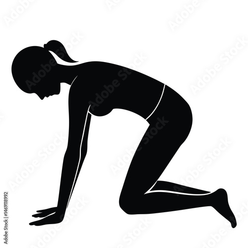 Silhouette shows woman doing yoga pose, looking down with ponytail visible on white