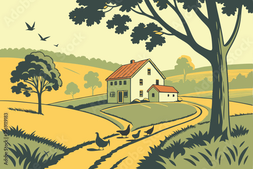 43 farmhouse, chickens, farm, rural, sunny day, dirt road, trees, nature, vibrant colors, realistic