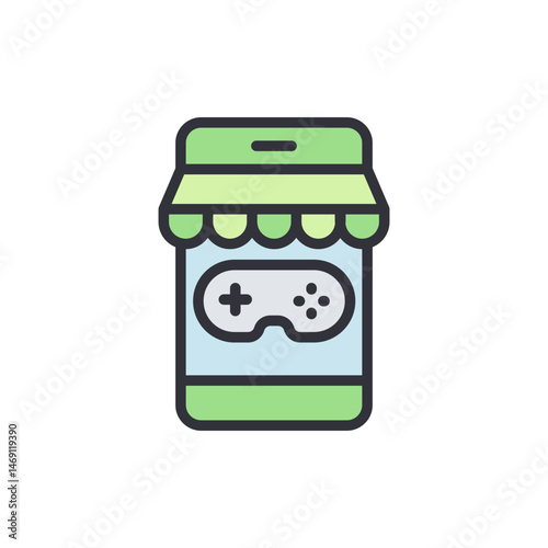 Mobile gaming marketplace icon, featuring a smartphone-shaped store facade