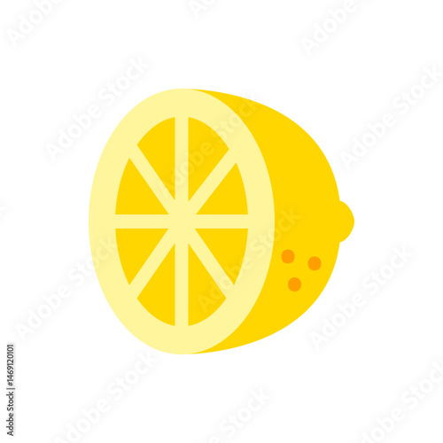 Illustration of a halved lemon with visible segments and a bright yellow color scheme on a white background