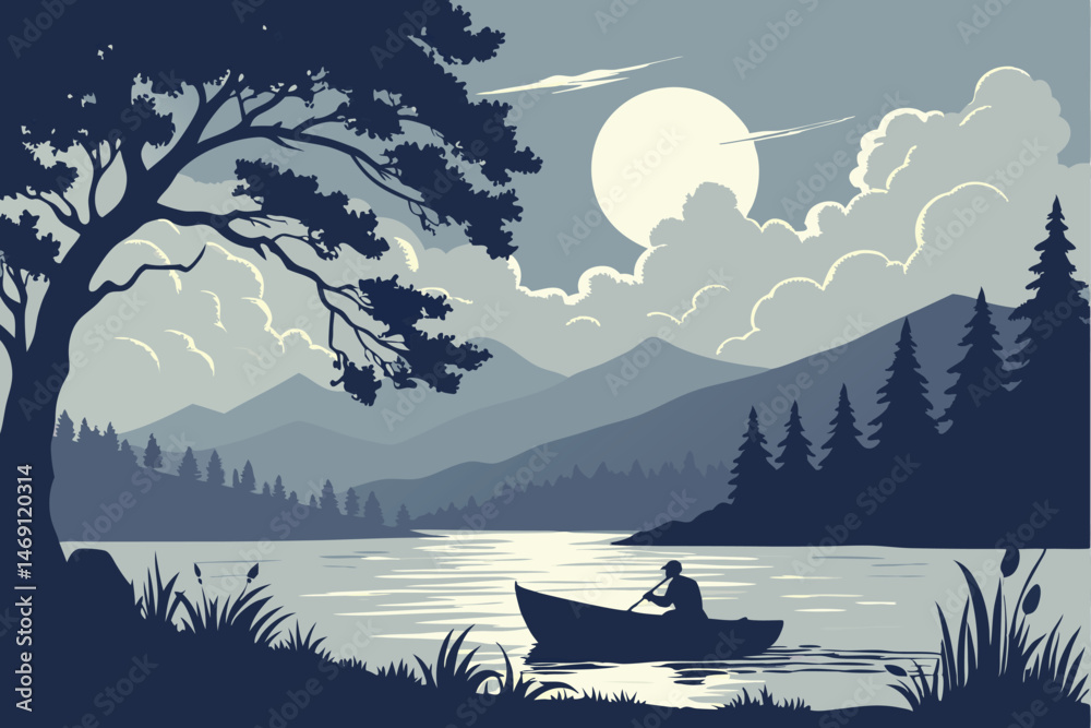 Fototapeta 44 serene lake at night,full moon in the sky,silhouette of a boat on the water,mountains in the background,clouds in the sky,forest around the lake,digital art,highly detailed,intricate,cinematic,soft