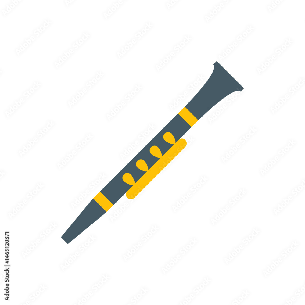 Illustration of a clarinet musical instrument with a dark gray body and yellow accents and keys shown