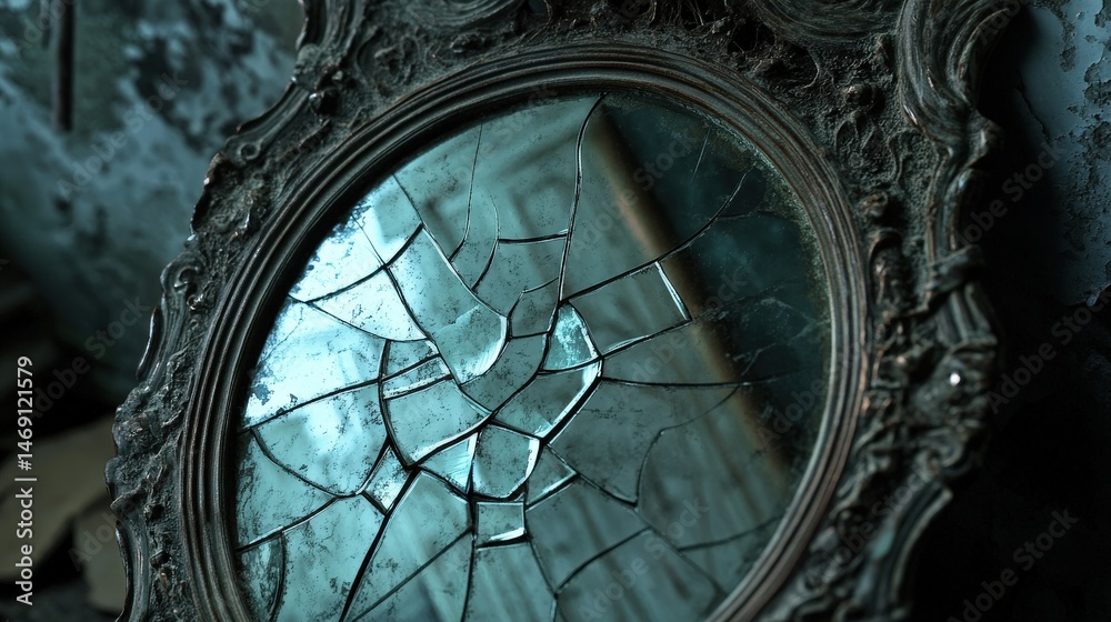Obraz premium Broken antique mirror in a dark, ornate frame.
